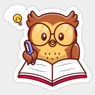 Cute Owl Writing On Book With Pen Sticker